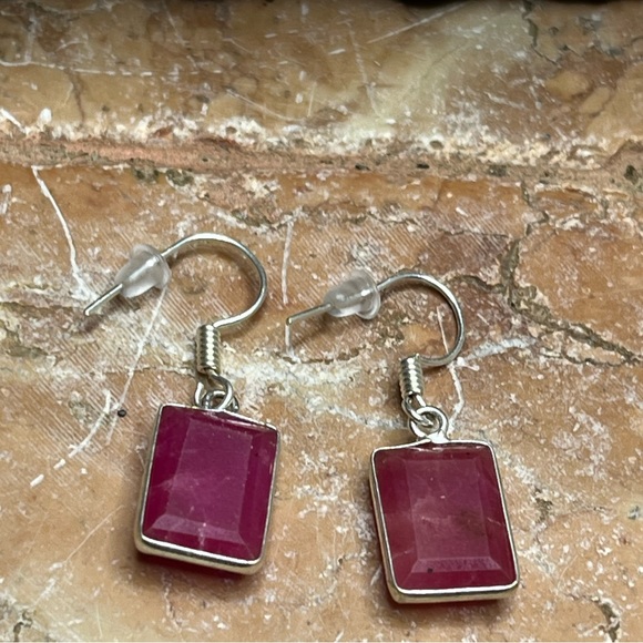 NEW Handmade Rustic Dyed Ruby Gemstone Silver Plated Earrings Pink Silver - Picture 4 of 12